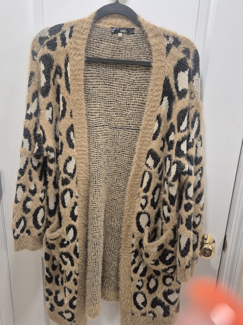 Slonl Leopard Fuzzy Open-Front Cardigan - Camel/Black